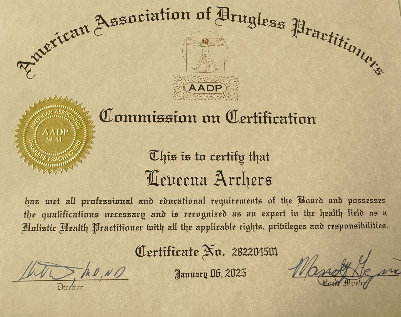 Certificate: Board Certified Holistic Health Practitioner, issued to Laveena Archers by the American Association of Drugless Practitioners Commission on Certification, certificate number 282204501, dated 6 January 2025