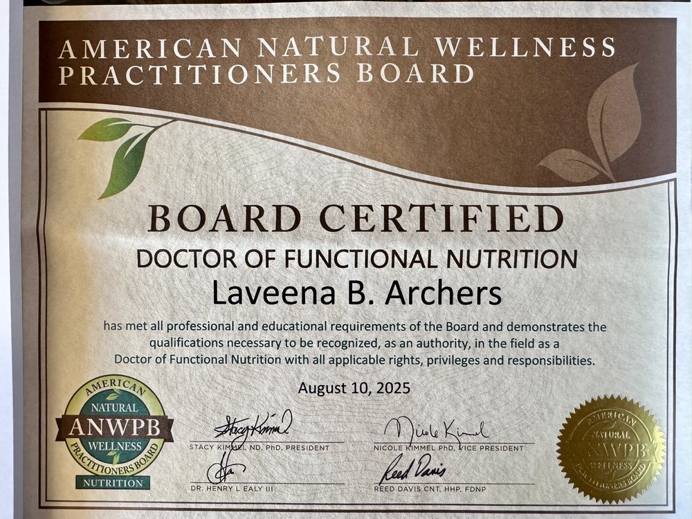 Certificate: Board Certified Doctor of Functional Nutrition, issued to Laveena B. Archers by the American Natural Wellness Practitioners Board, dated 10 August 2025