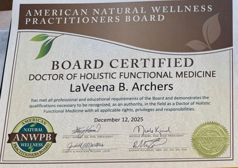 Certificate: Board Certified Doctor of Holistic Functional Medicine, issued to LaVeena B. Archers by the American Natural Wellness Practitioners Board, dated 12 December 2025