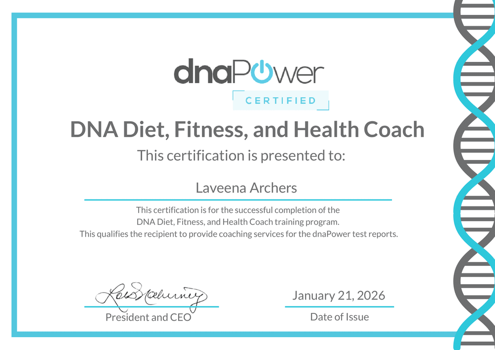 Certificate: DNA Diet, Fitness, and Health Coach, presented to Laveena Archers by dnaPower, dated 21 January 2026