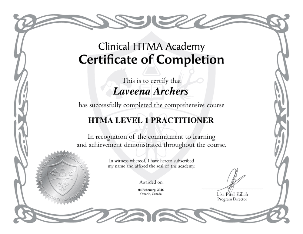 Certificate of completion: HTMA Level 1 Practitioner, awarded to Laveena Archers by Clinical HTMA Academy, dated 4 February 2026