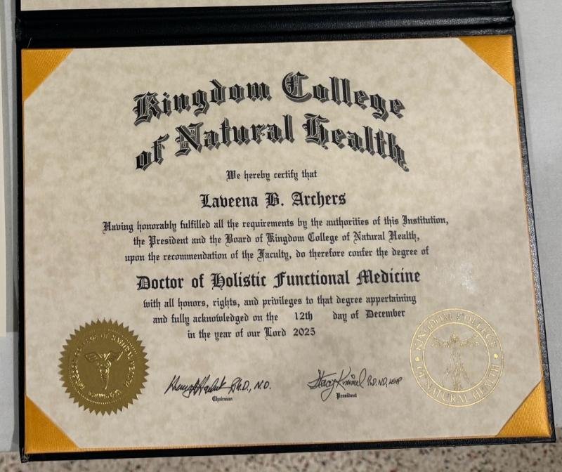 Diploma: Doctor of Holistic Functional Medicine, conferred on Laveena B. Archers by Kingdom College of Natural Health, dated 12 December 2025