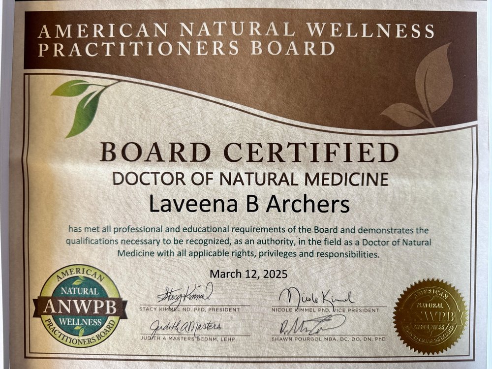 Certificate: Board Certified Doctor of Natural Medicine, issued to Laveena B. Archers by the American Natural Wellness Practitioners Board, dated 12 March 2025