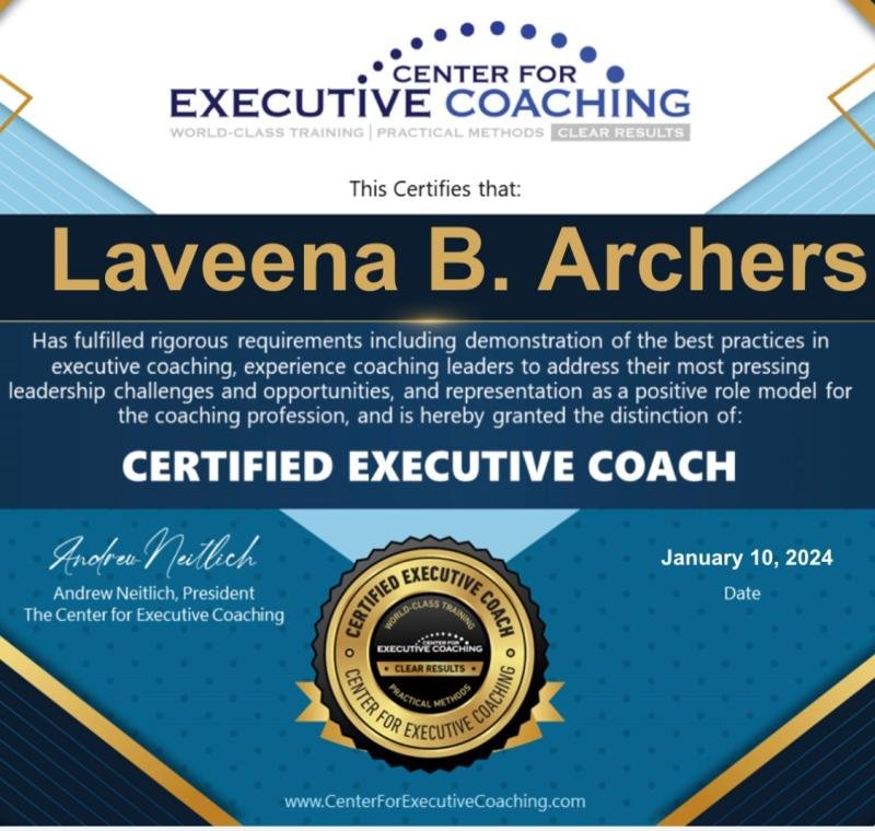 Certificate: Certified Executive Coach, granted to Laveena B. Archers by The Center for Executive Coaching, dated 10 January 2024